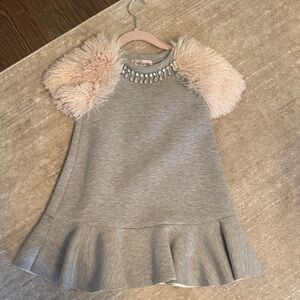 Halabaloo Gray Dress with Blush Faux-Fur Shoulders and Jewel Trim